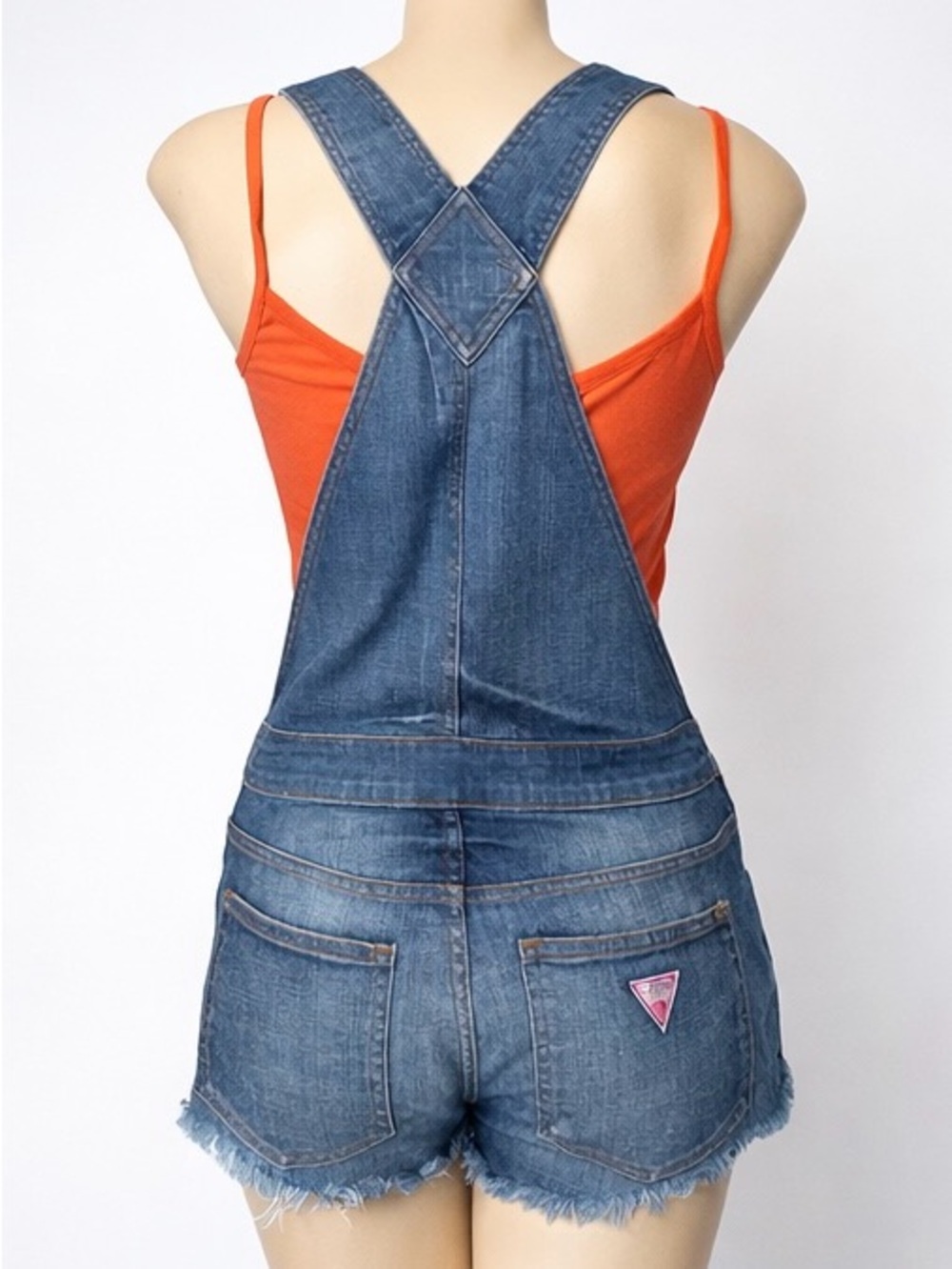 GUESS Blue Denim Short Overalls Small Distressed Y2K Summer Jean Romper - Picture 2 of 6